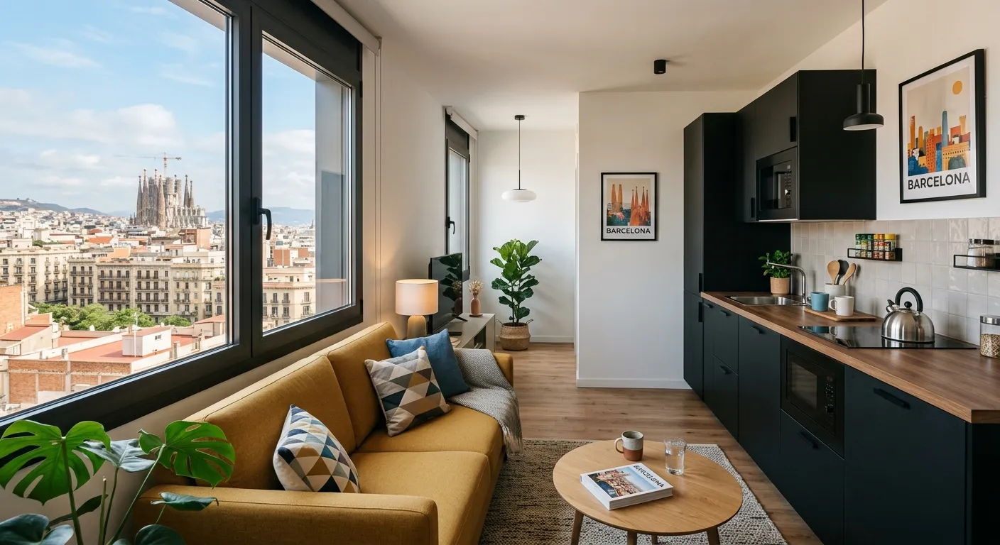 Modern aparthotel interior in Madrid with kitchenette for corporate team stays