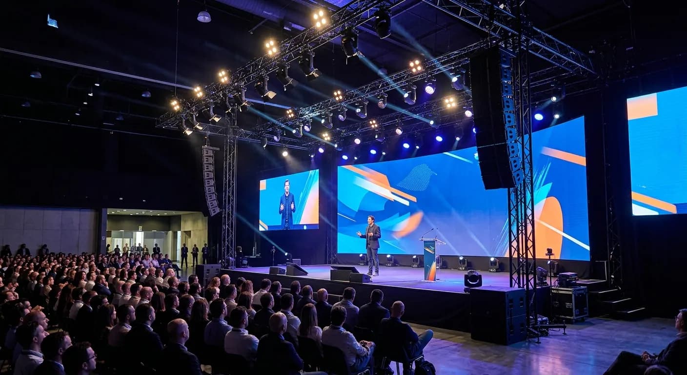 Professional AV setup with screens and lighting at a corporate conference in Madrid