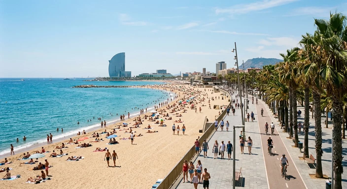 Barceloneta beach with team building activities and the W Hotel in the background