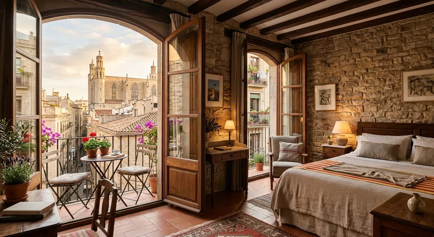 Boutique hotel courtyard lobby in Madrid's El Born district with Mediterranean design