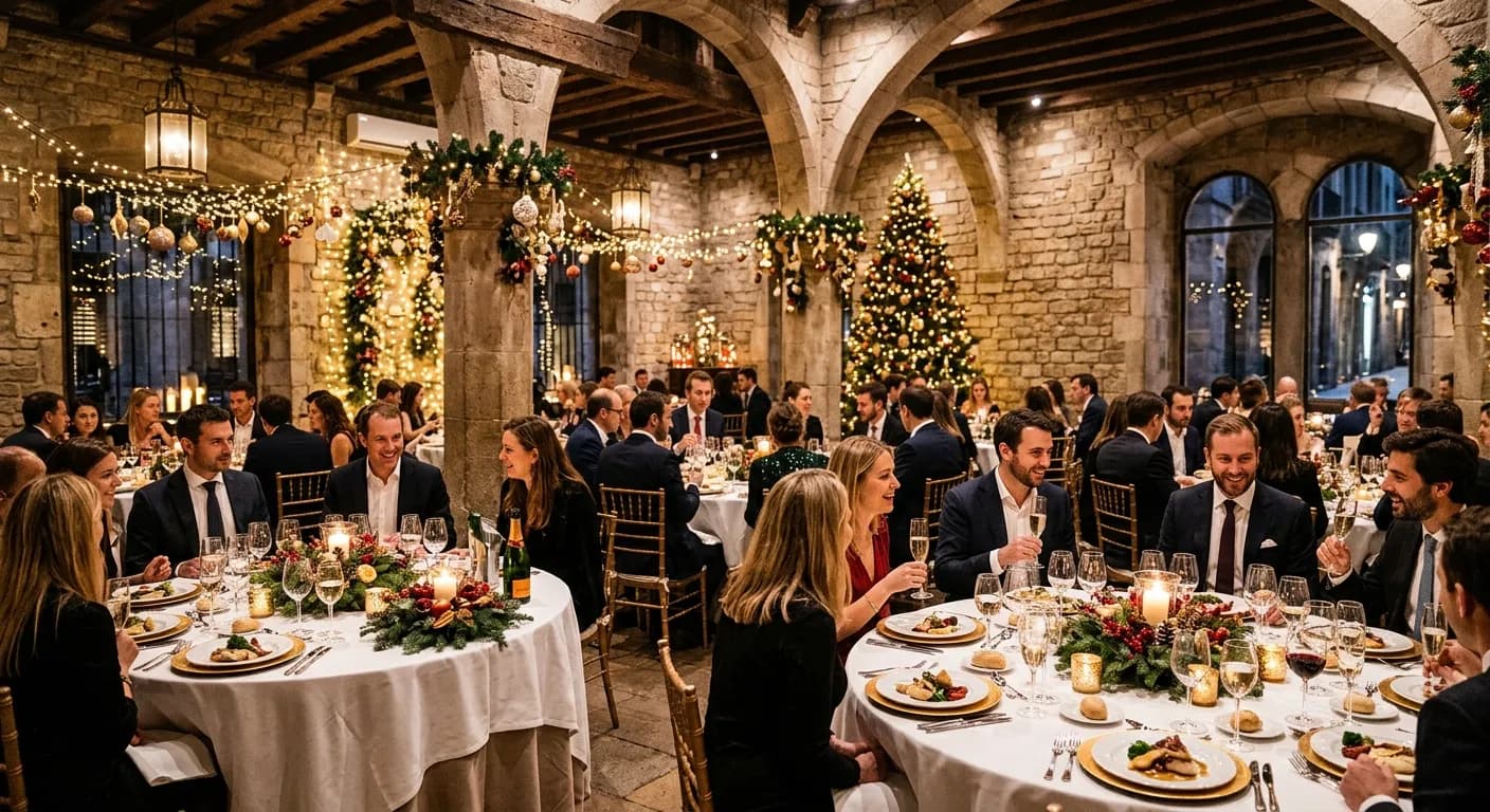 Festive corporate Christmas party at a Madrid venue with Mediterranean decorations