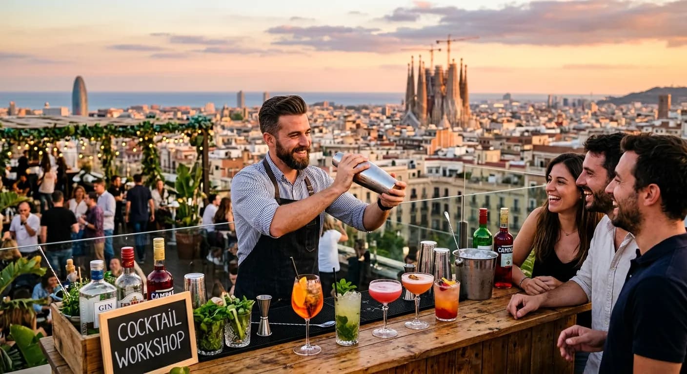 Corporate team mixing Spanish cocktails at a rooftop workshop in Rome