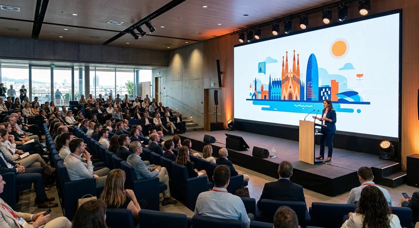 Modern conference centre in Madrid with professional event setup and attendees