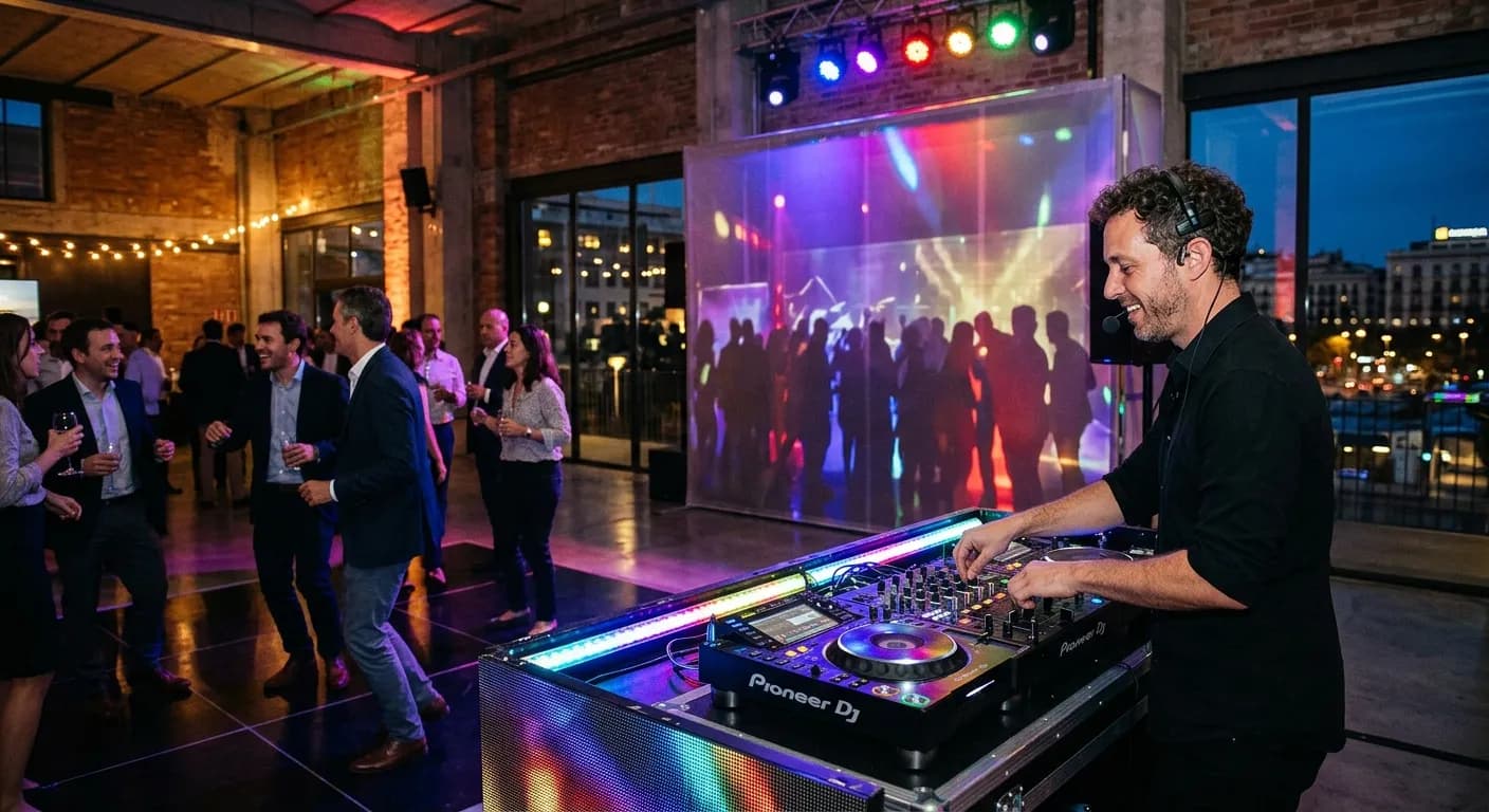 DJ performing at a corporate rooftop event in Madrid at sunset