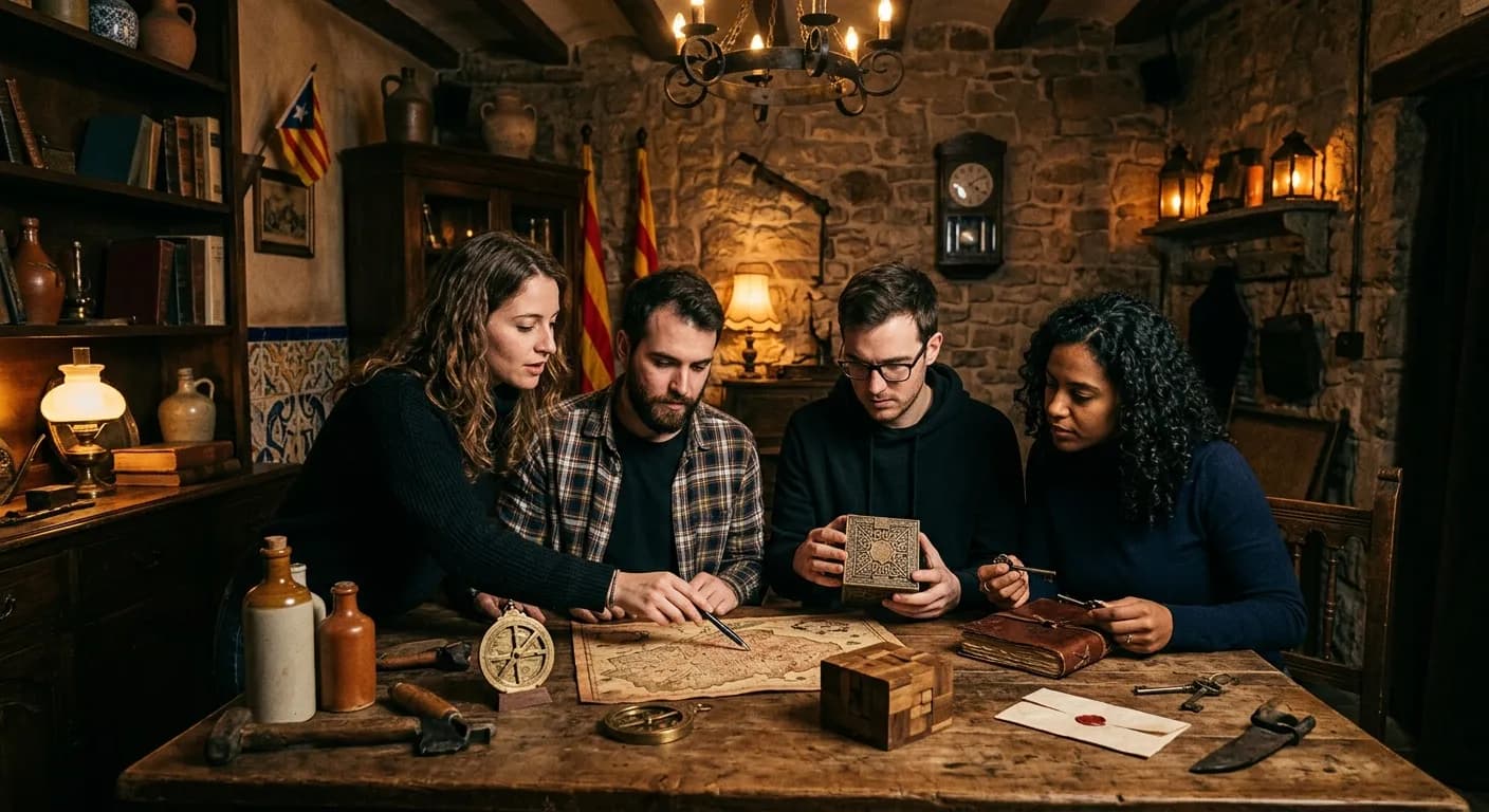 Corporate team solving puzzles in a Gaudi-themed escape room in Madrid