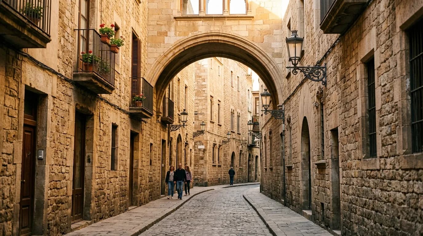 Medieval streets of the Gothic Quarter in Madrid with team event venue entrance