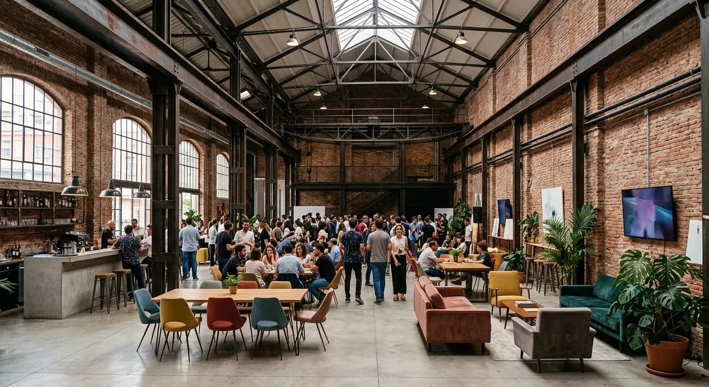 Industrial creative event space in Poblenou Madrid with exposed brick and high ceilings