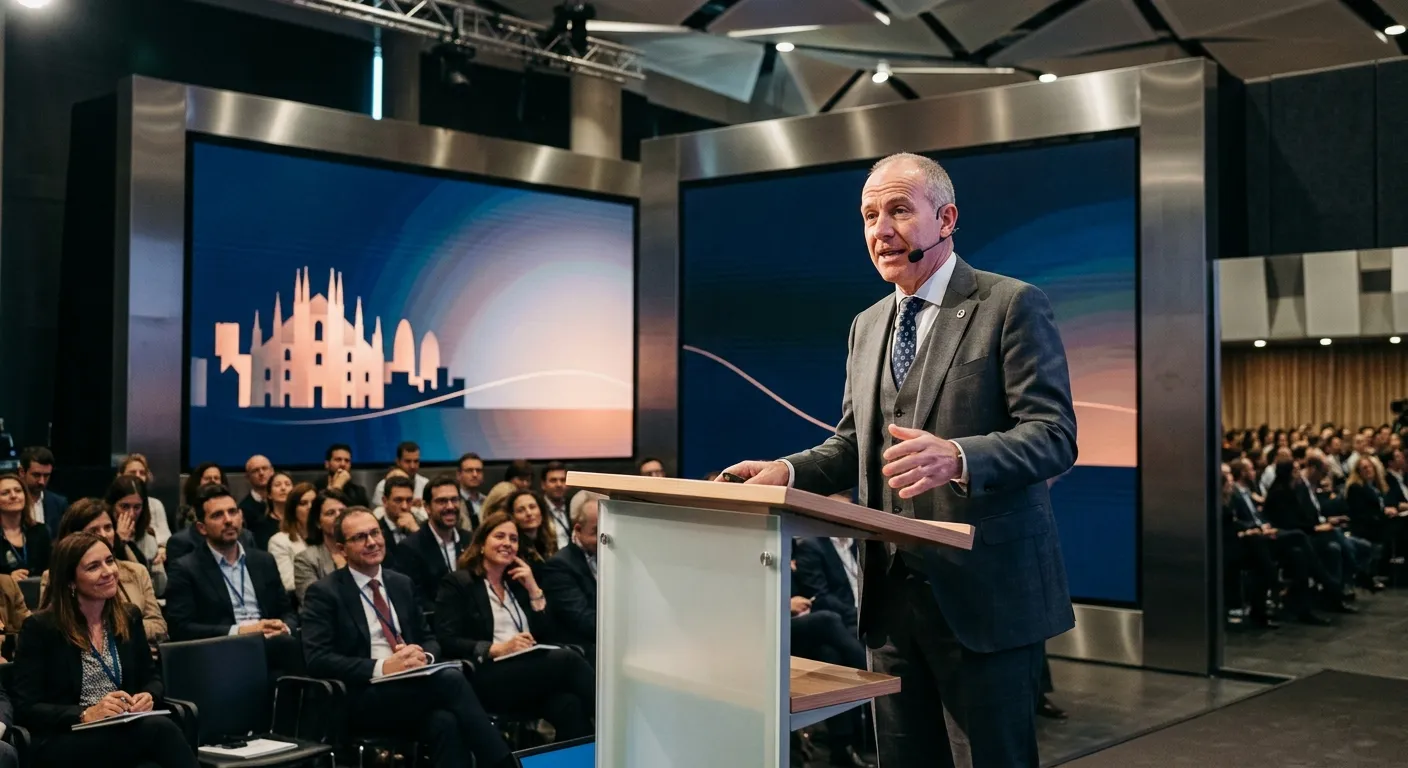 Professional moderator on stage at a corporate conference event in Madrid