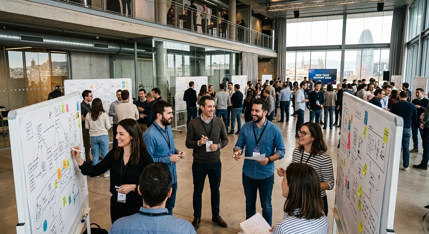 Corporate team new year kickoff workshop in a Madrid creative space