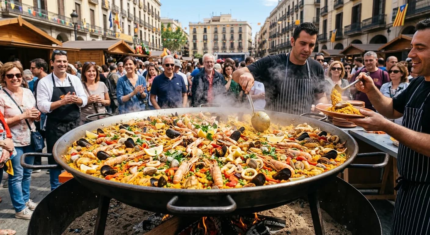 Giant paella pan being cooked live at a corporate event in Madrid