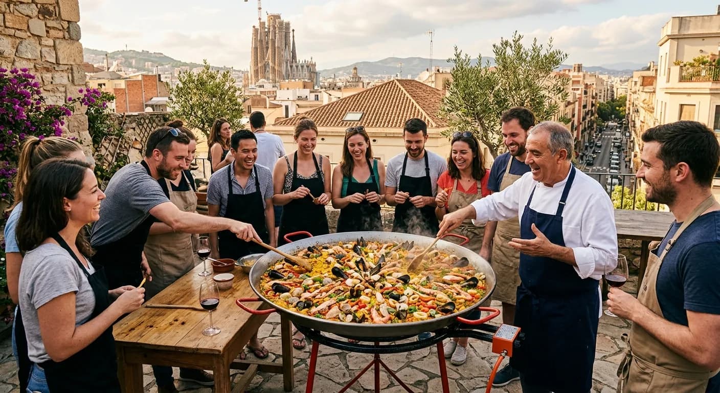 Corporate team cooking paella in a Madrid beachside workshop with a professional chef