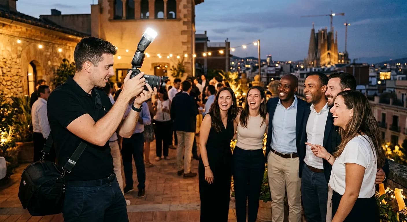 Professional photographer capturing a corporate team event in Madrid