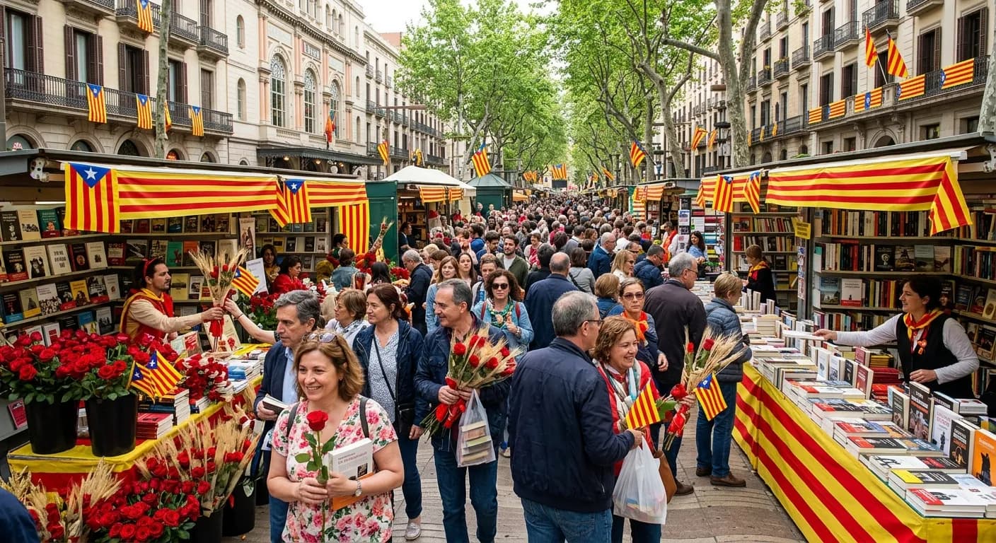 Sant Jordi rose and book stalls on the Rambla in Madrid with team visitors
