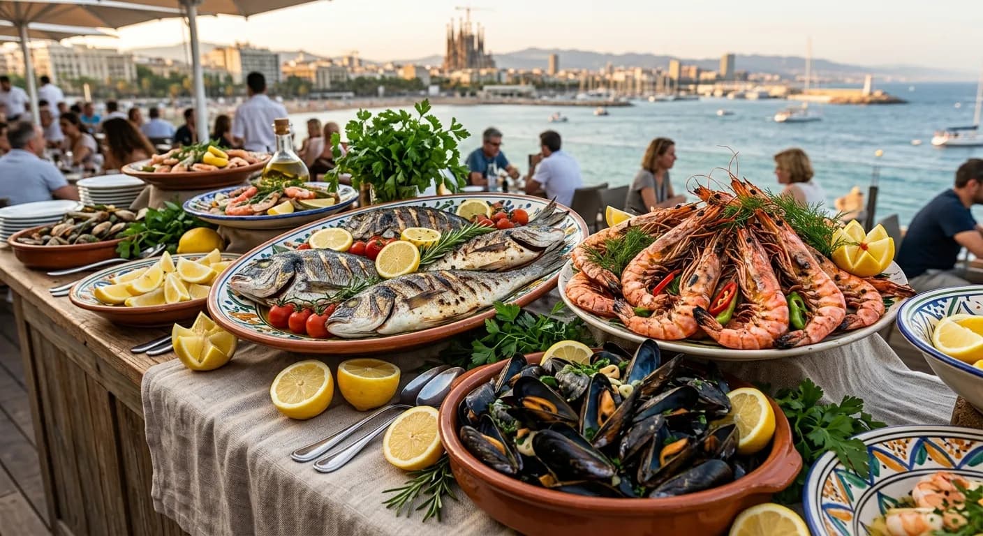 Mediterranean seafood buffet with grilled prawns and fideua at a corporate event in Madrid