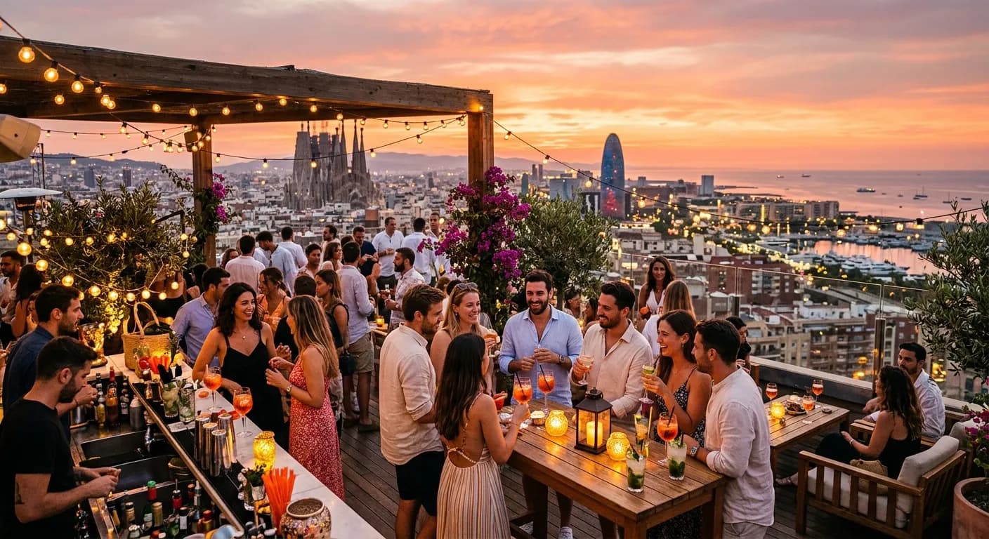 Corporate summer rooftop party in Madrid with Mediterranean sunset views