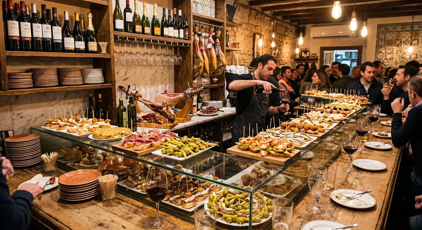 Corporate team on a guided tapas tour in El Born Rome sharing pintxos and wine