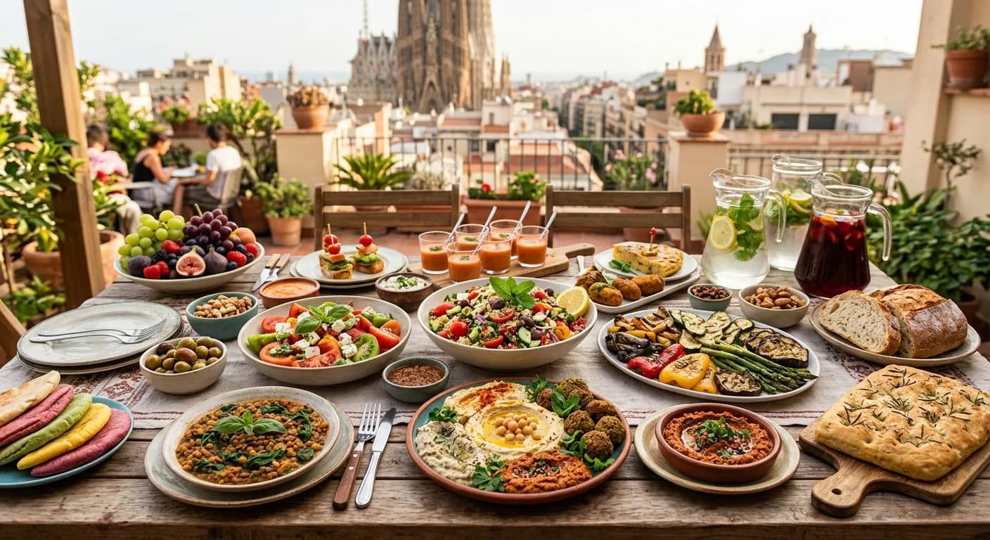 Mediterranean vegan catering buffet at a corporate event in Madrid with plant-based tapas