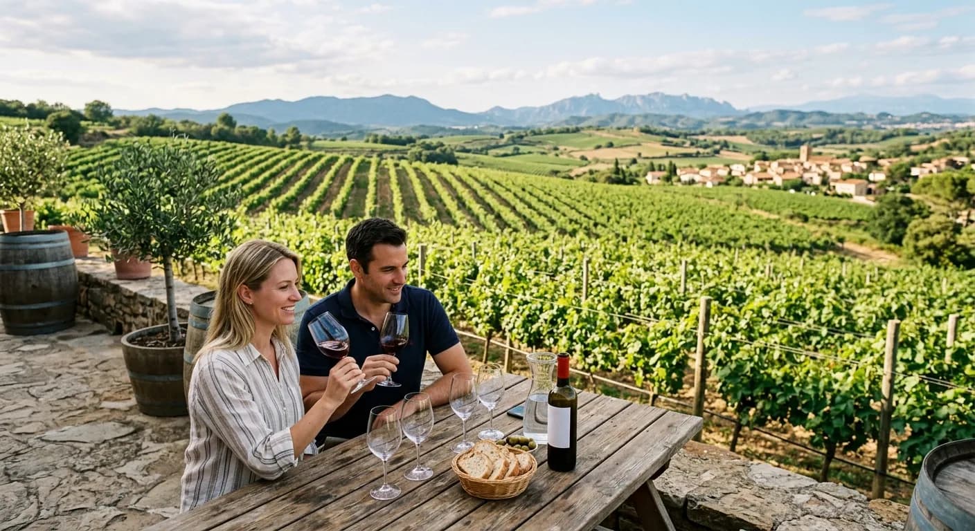 Corporate team wine tasting at a Penedes vineyard near Madrid