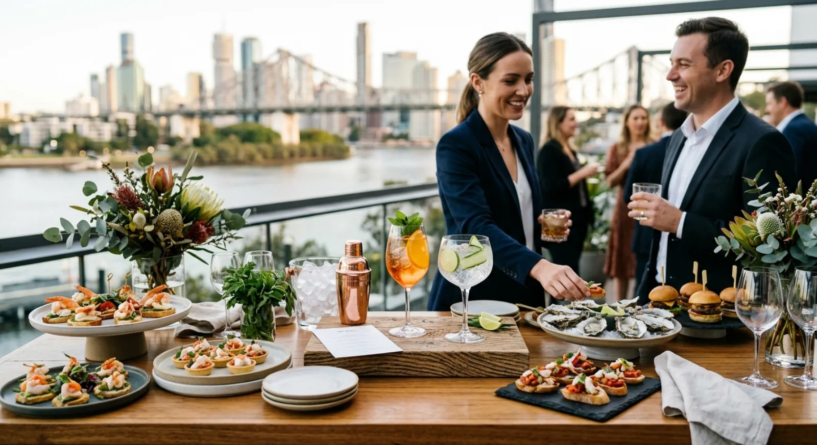 Professional catering staff serving passed appetizers at corporate event in Brisbane