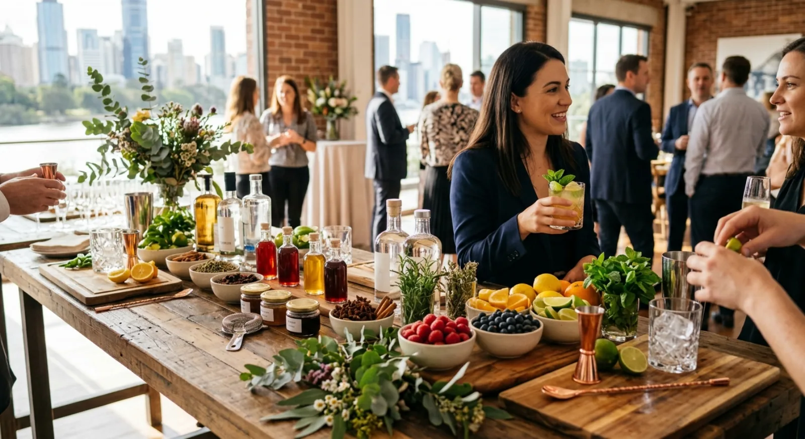 Professional bartender teaching cocktail mixing to corporate team in Brisbane