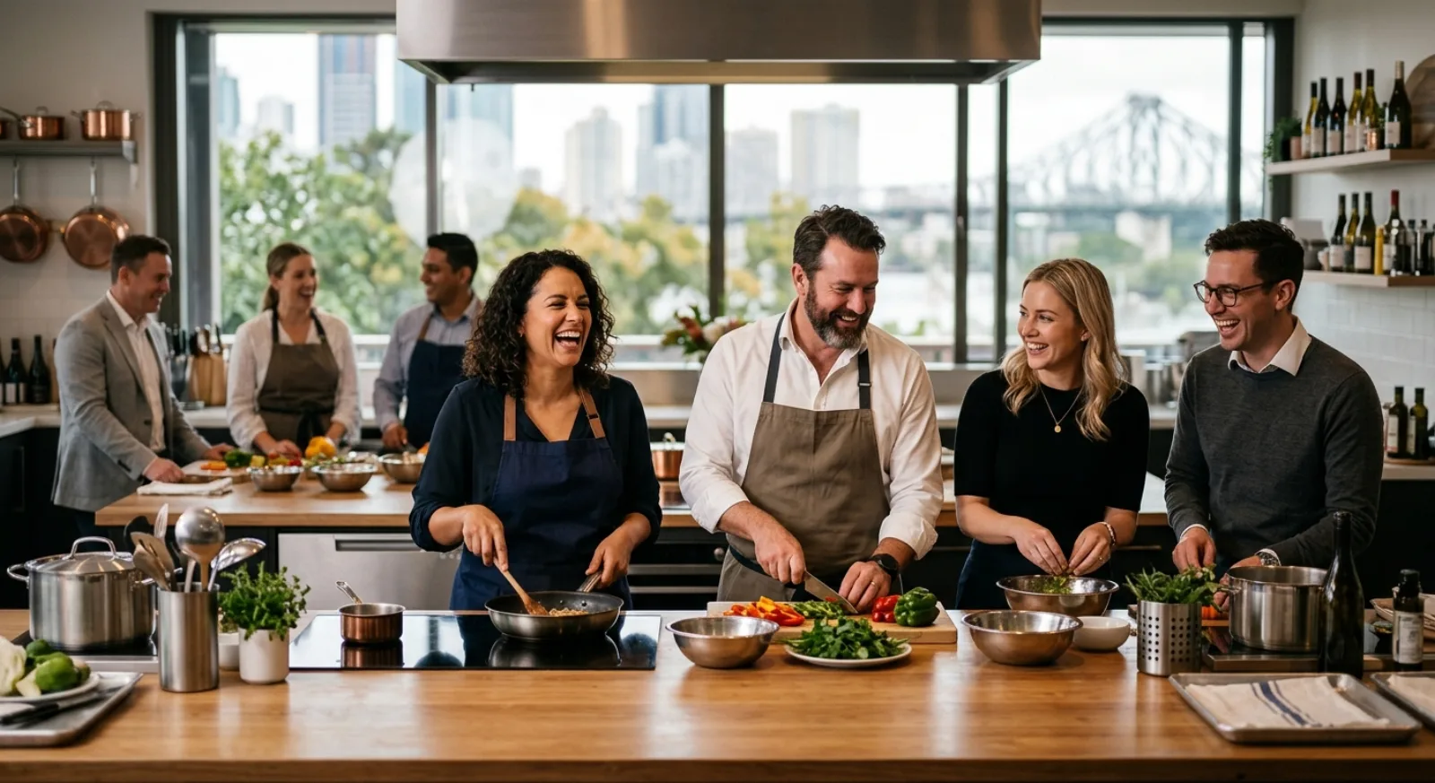 Group cooking class in Brisbane with colleagues preparing modern Australian cuisine