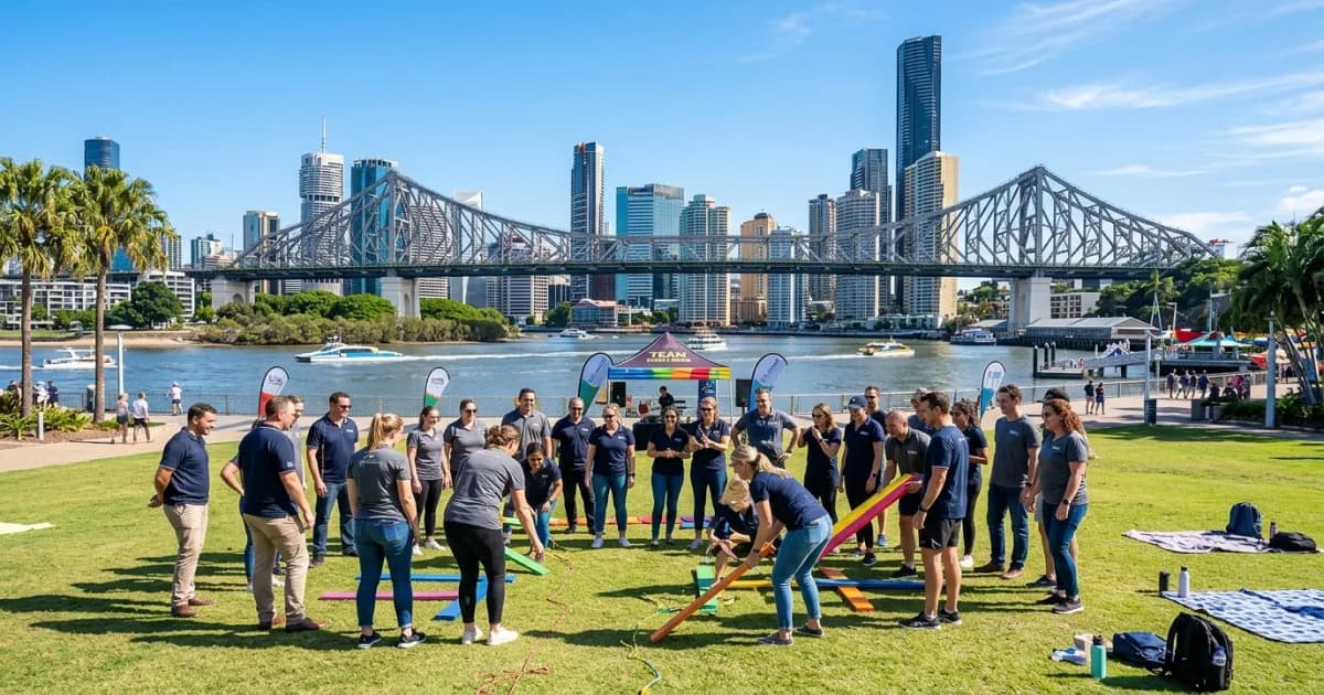 Professional corporate event attendees networking at modern Brisbane venue with river views