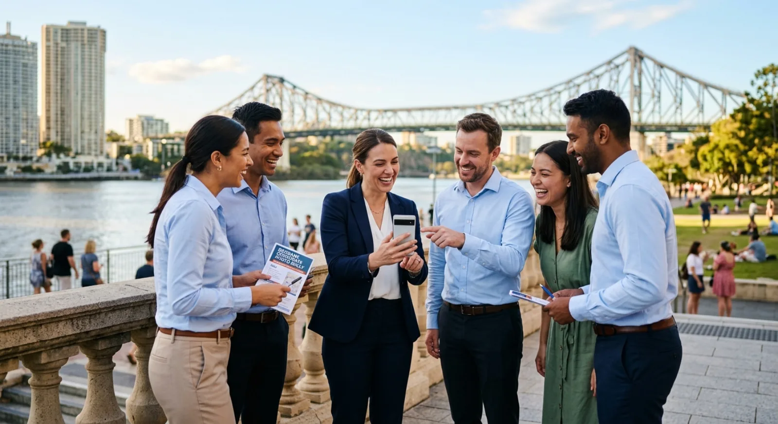 Corporate team taking photos at Brisbane landmarks during scavenger hunt event