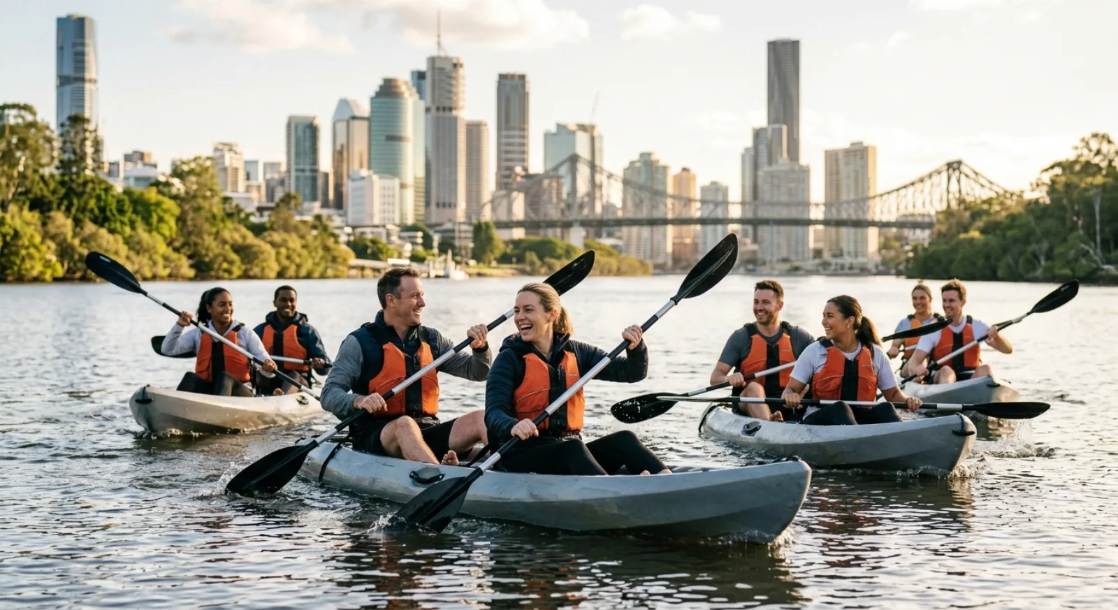 Corporate team paddling on Brisbane River with scenic city and nature views