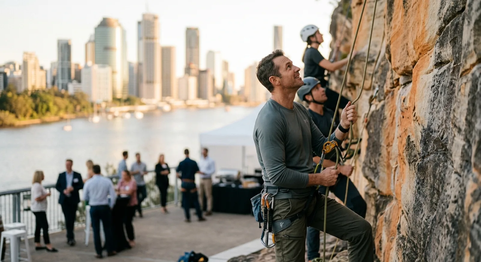 Corporate team rock climbing at scenic Kangaroo Point Cliffs in Brisbane