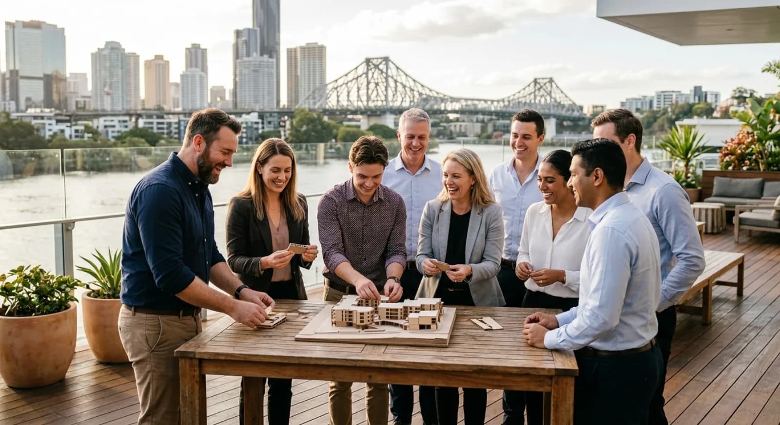 Corporate team engaged in team building workshop activity in Brisbane