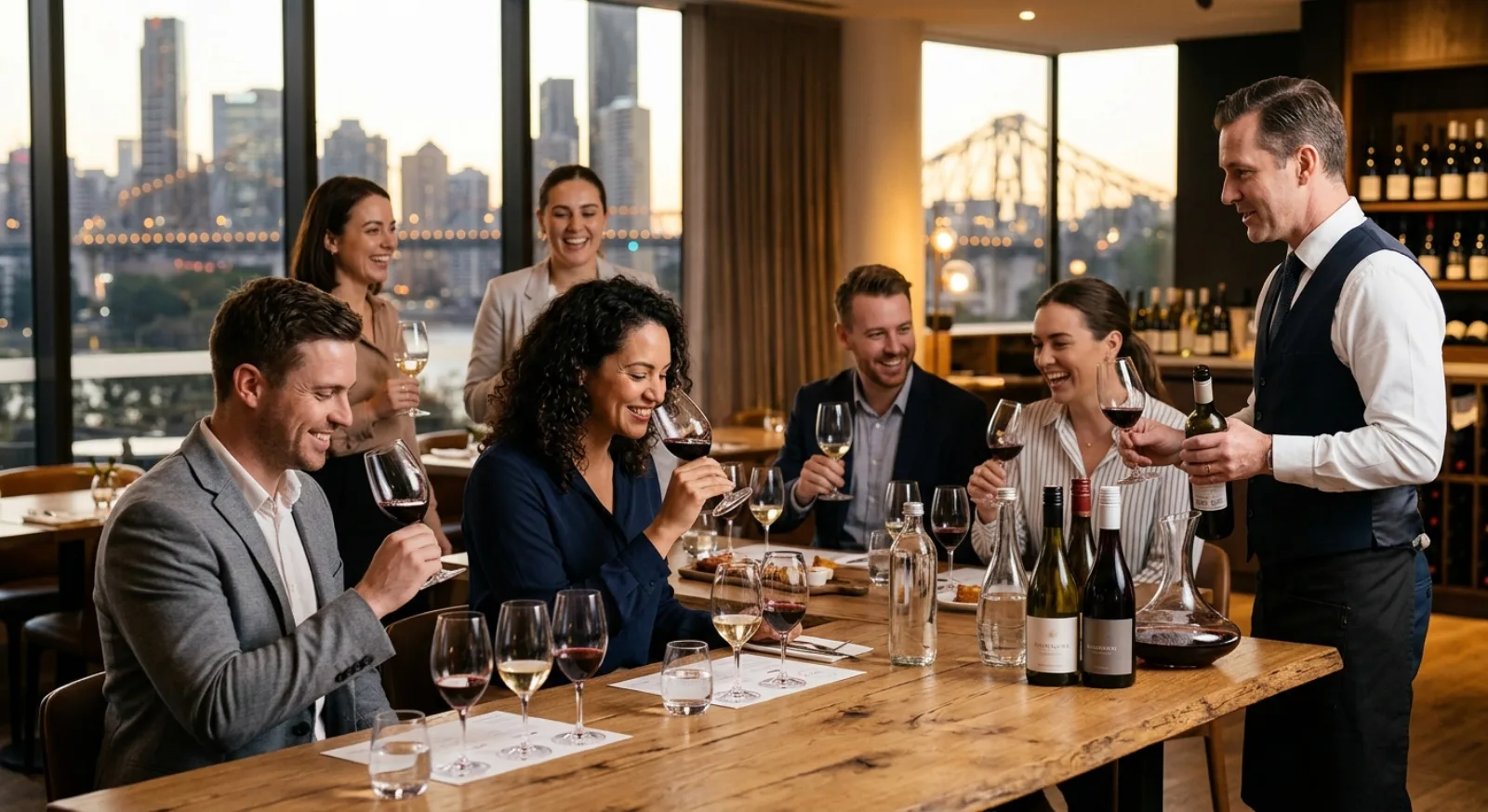Corporate team enjoying wine tasting experience led by sommelier in Brisbane