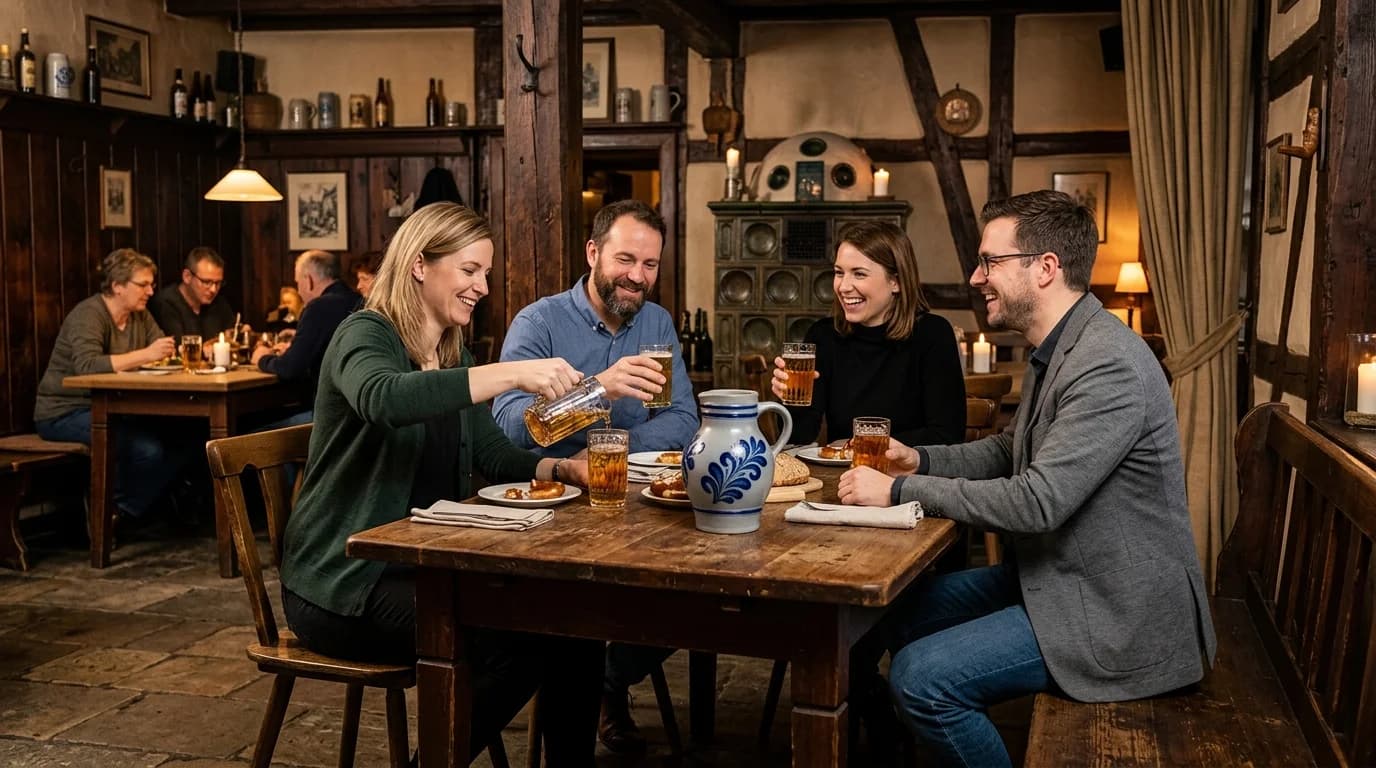 Team Apfelwein tasting in a traditional Sachsenhausen pub with Bembel and Geripptes glasses
