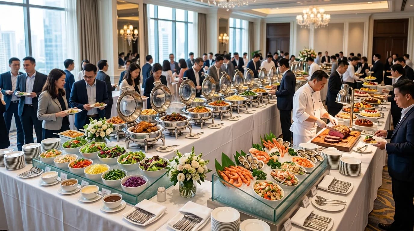 Team brunch catering setup at a Frankfurt corporate offsite with pastries and smoothies