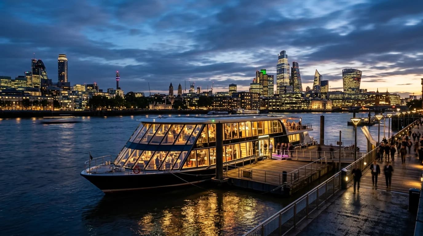 Event boat on the Main river in Frankfurt with the banking district skyline at sunset