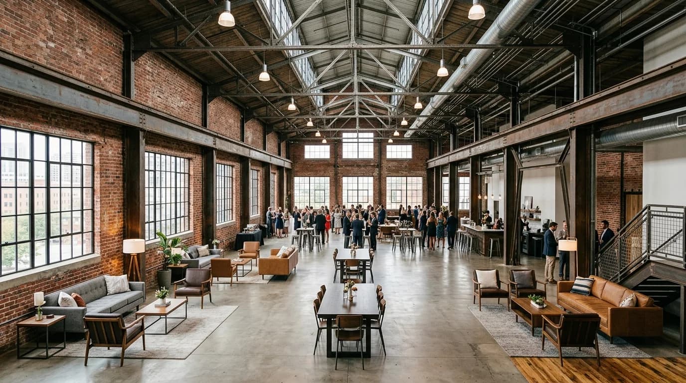 Industrial loft event venue in Frankfurt Ostend with exposed brick and high ceilings