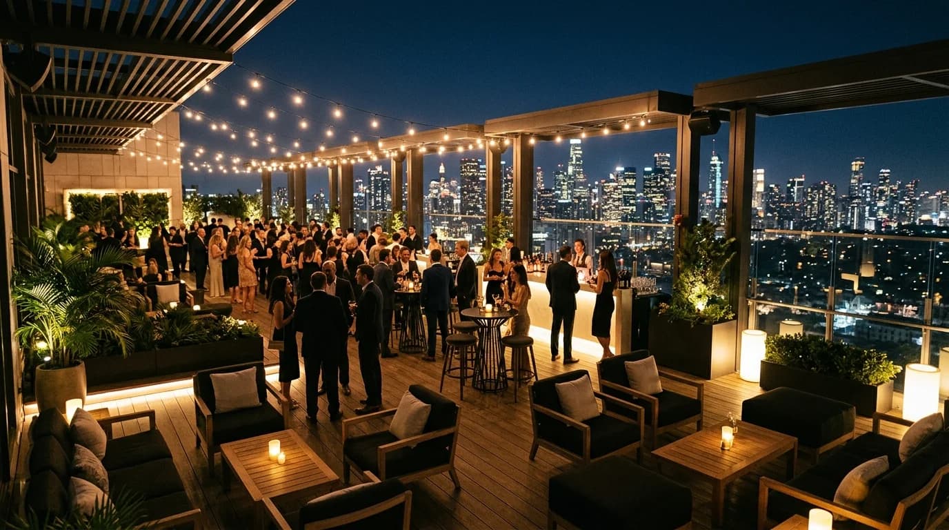Rooftop terrace event venue in Frankfurt with panoramic banking district skyline views