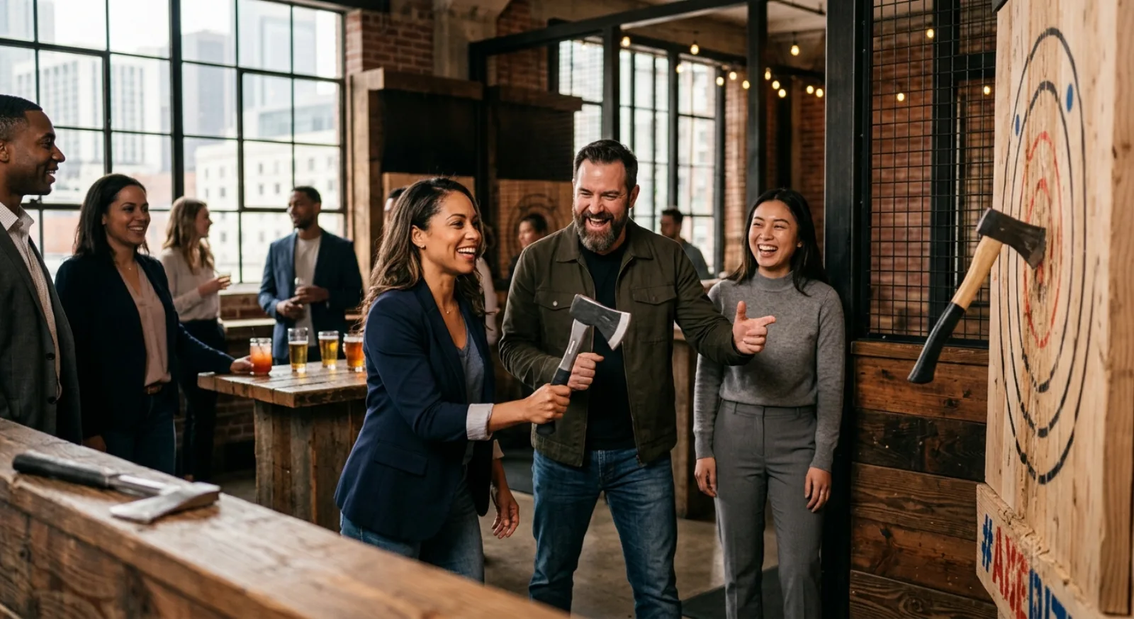 Professional axe throwing instructor guiding corporate team in downtown Los Angeles venue