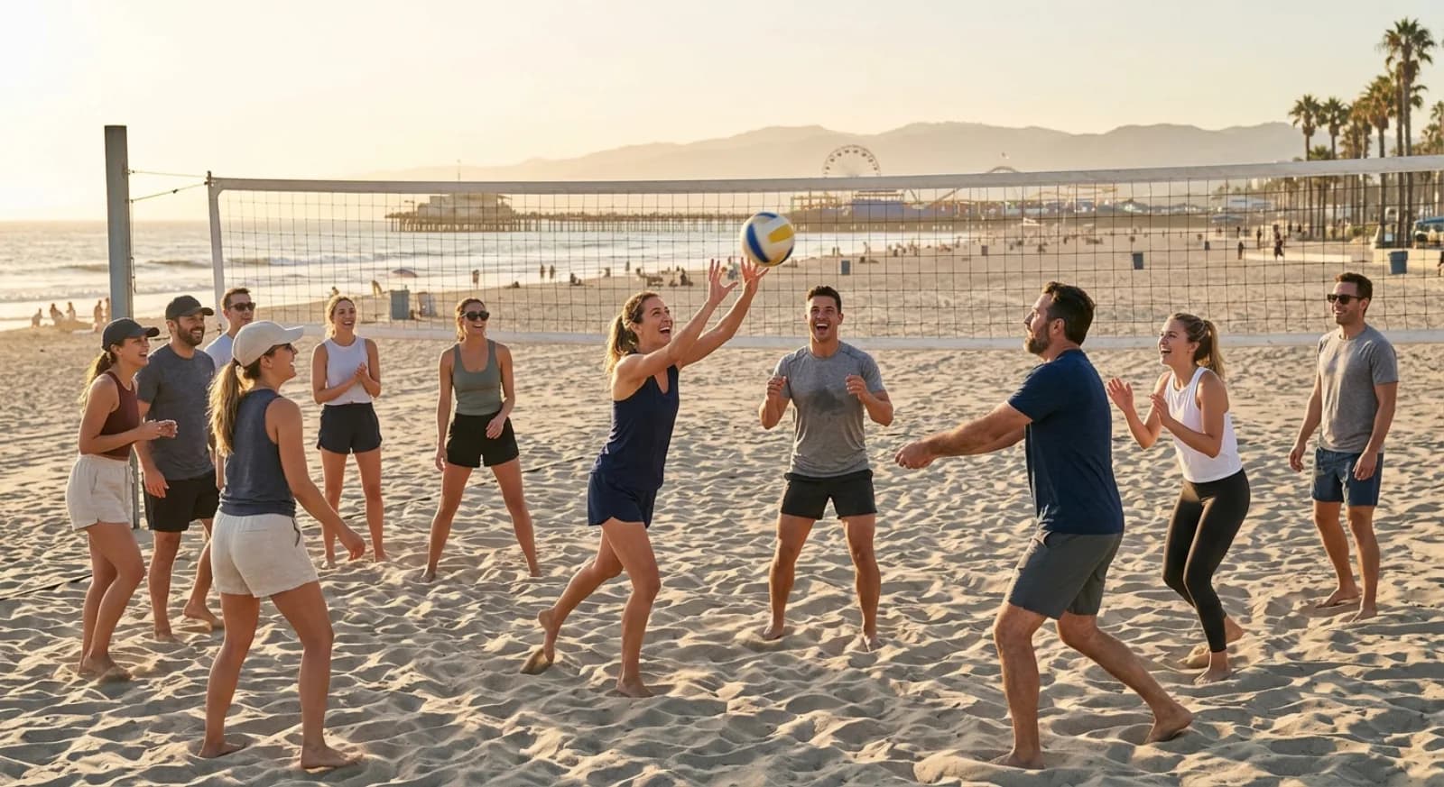 Corporate team playing beach volleyball in Los Angeles with professional instruction and ocean backdrop