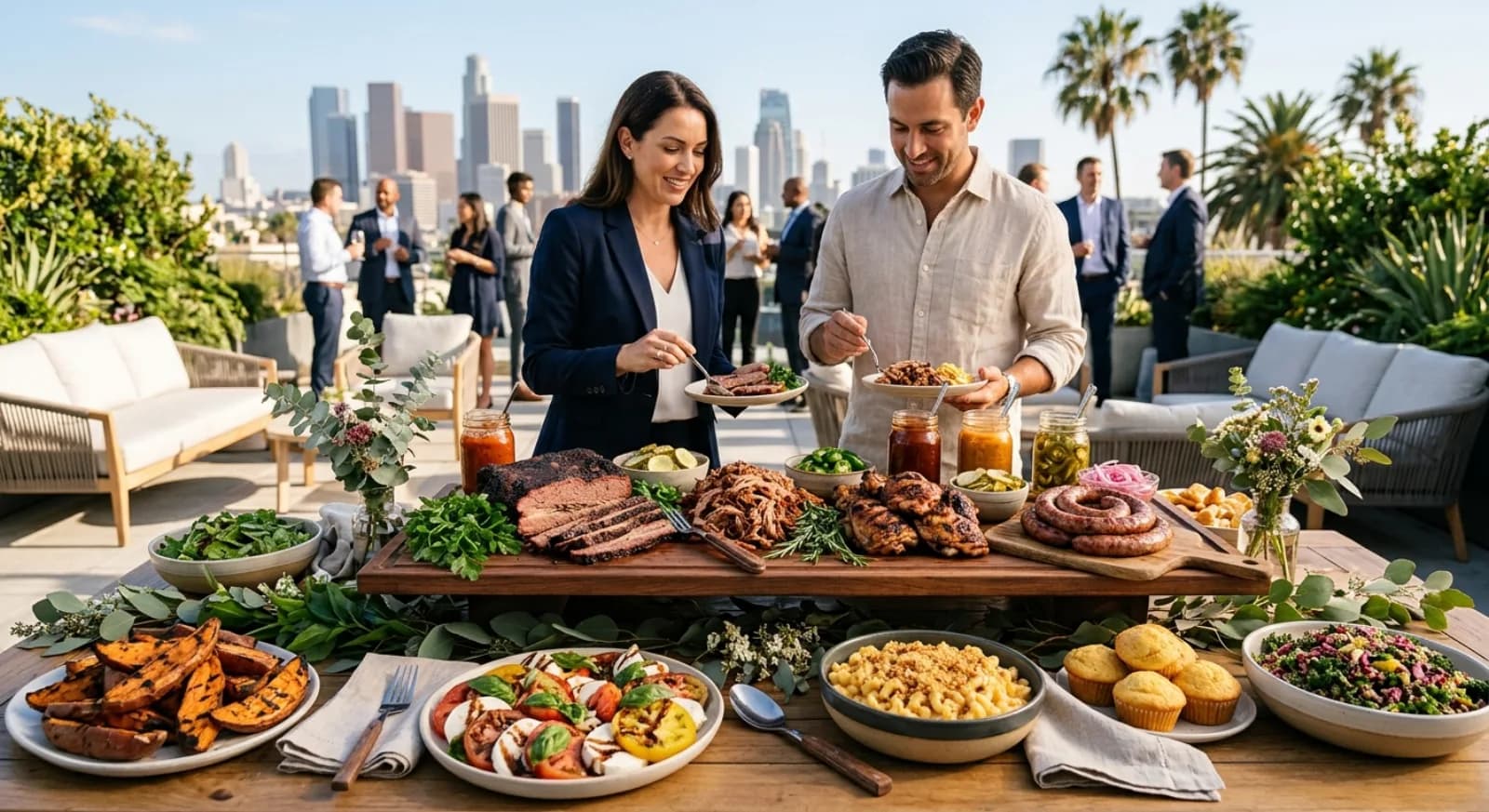 Casual BBQ catering buffet service at corporate team event in Los Angeles