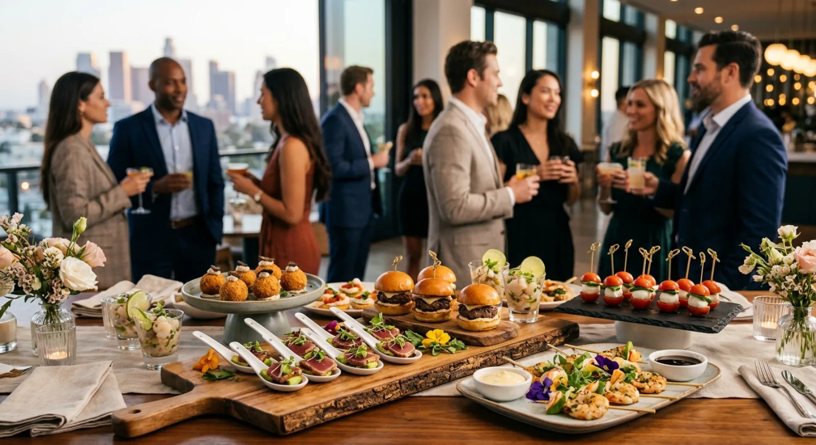 Professional catering staff serving passed appetizers and cocktails at corporate event in Los Angeles