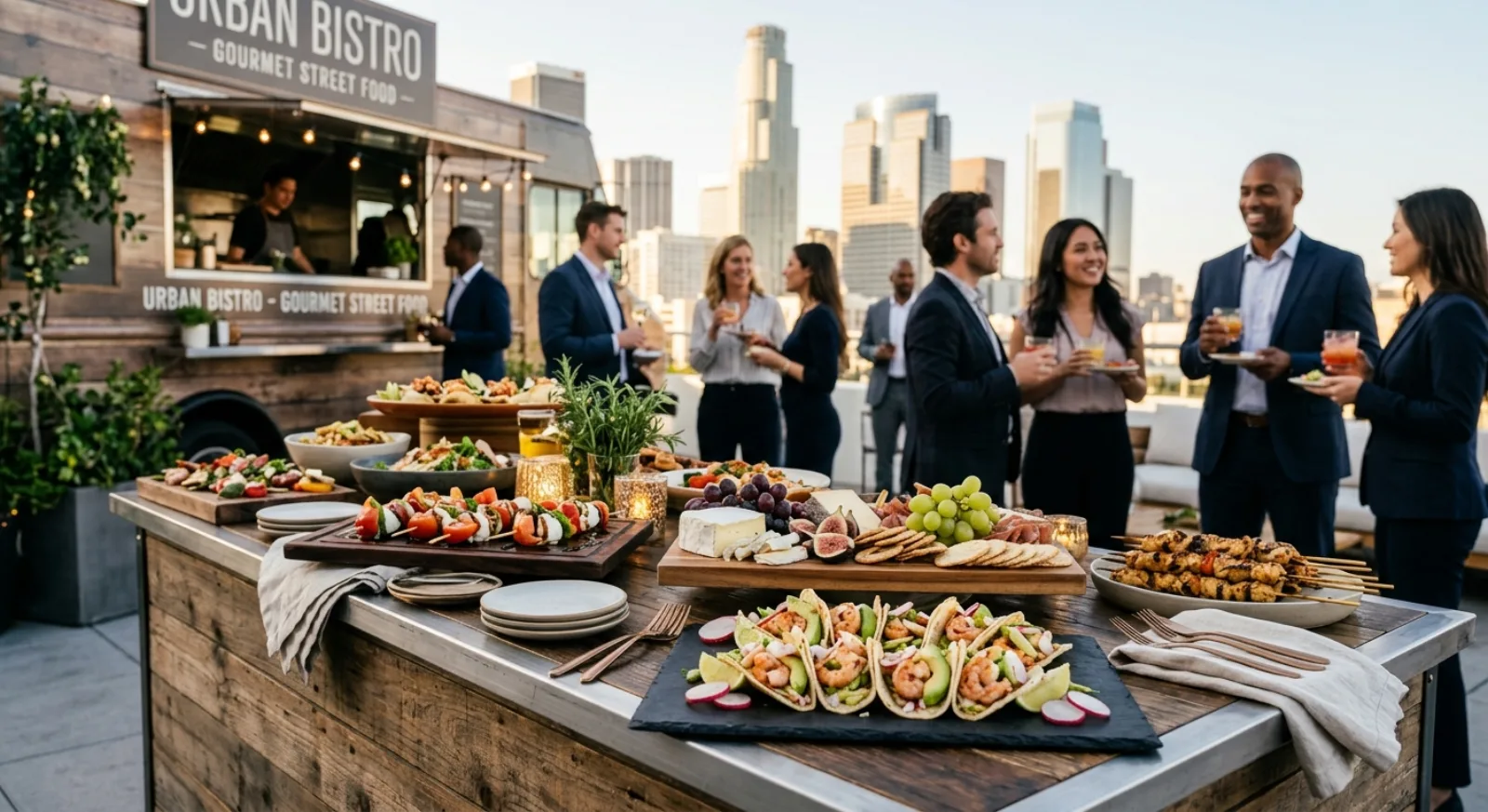 Interactive food truck catering with multiple cuisine options at corporate event in Los Angeles