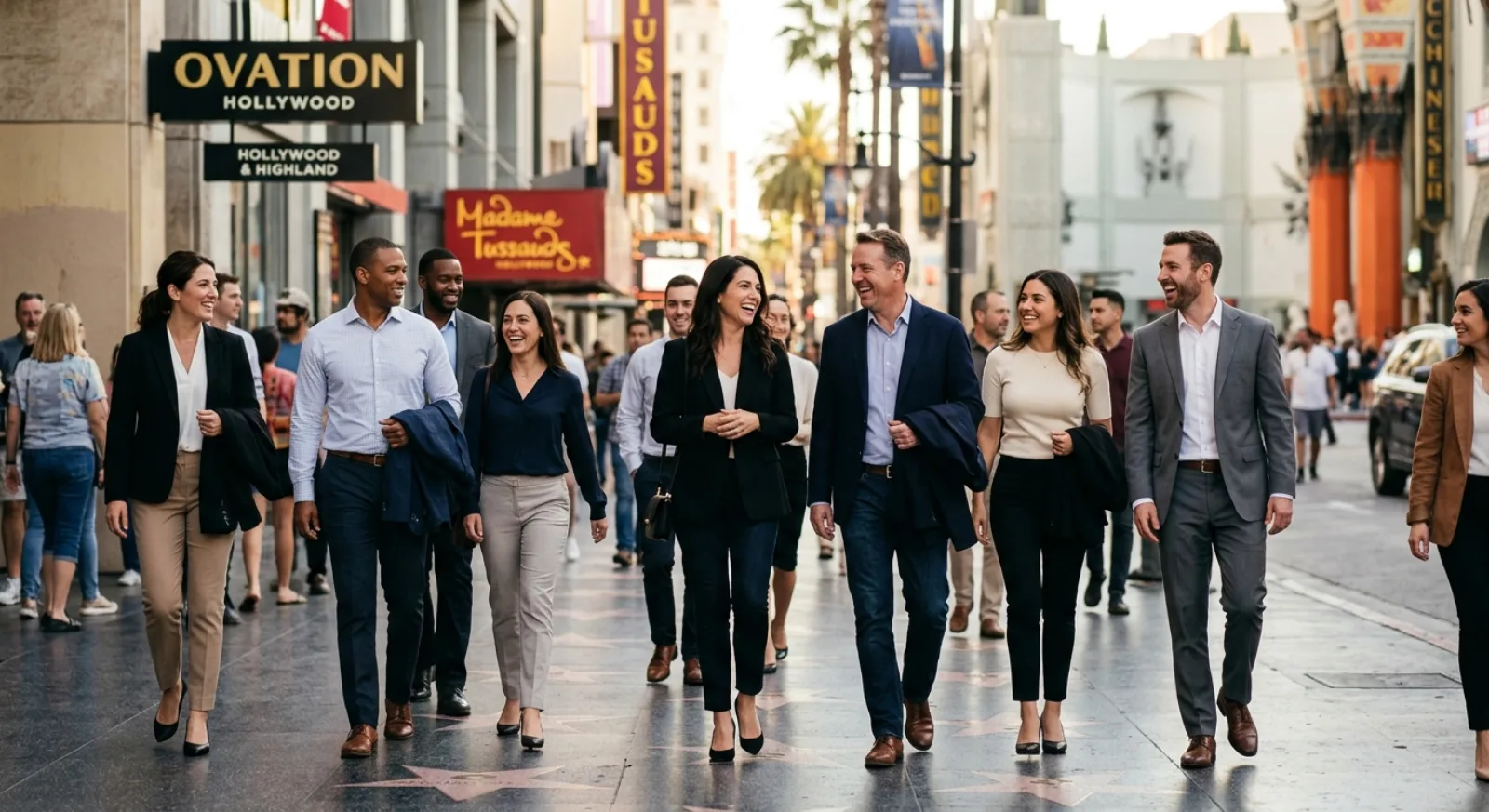 Group walking tour in Los Angeles exploring Hollywood landmarks with professional guide