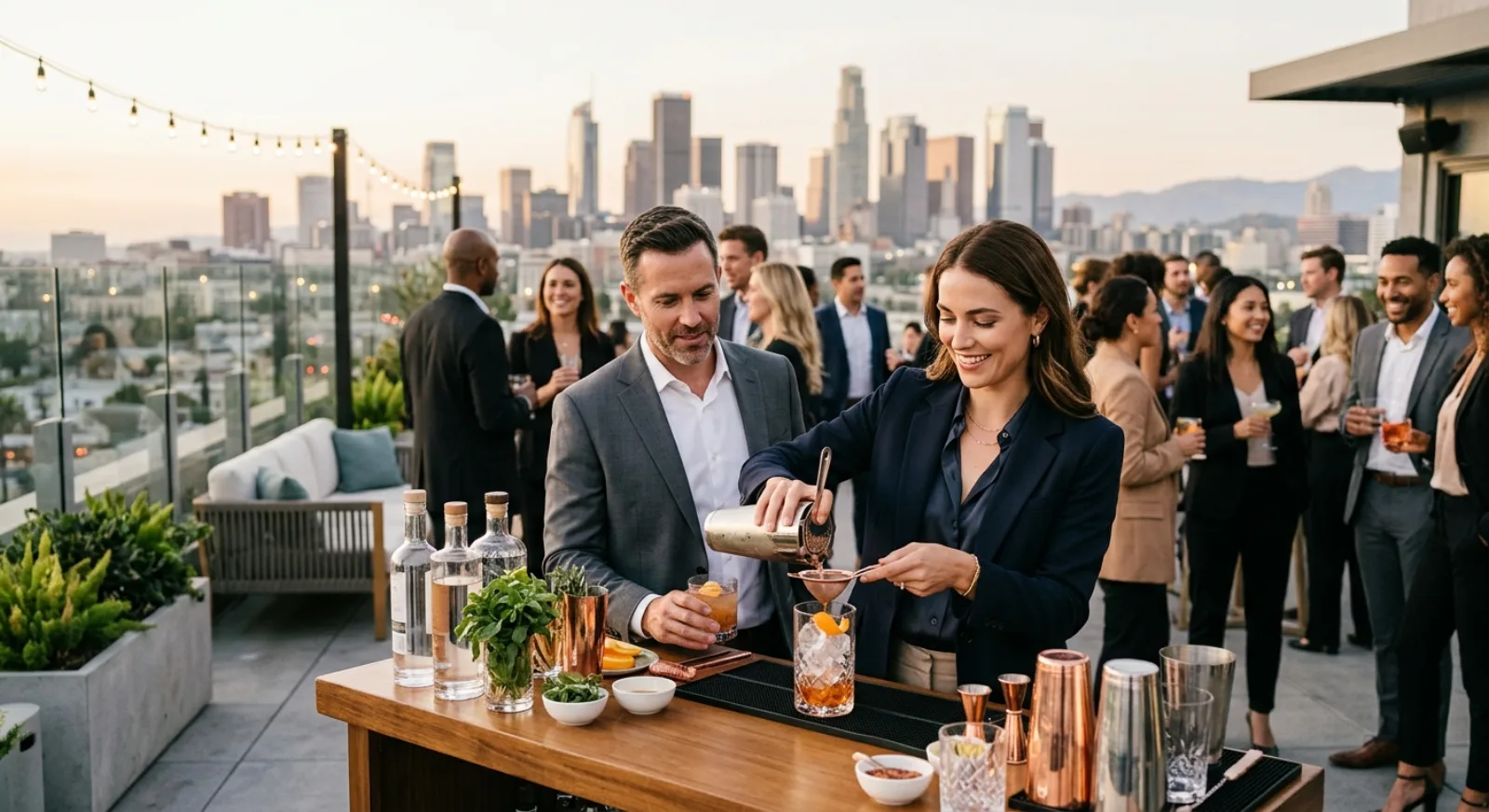 Professional bartender teaching cocktail mixing to corporate team on West Hollywood rooftop bar with city views