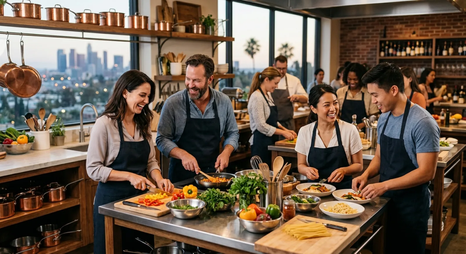 Group cooking class in Los Angeles with colleagues at shared kitchen counter preparing California cuisine