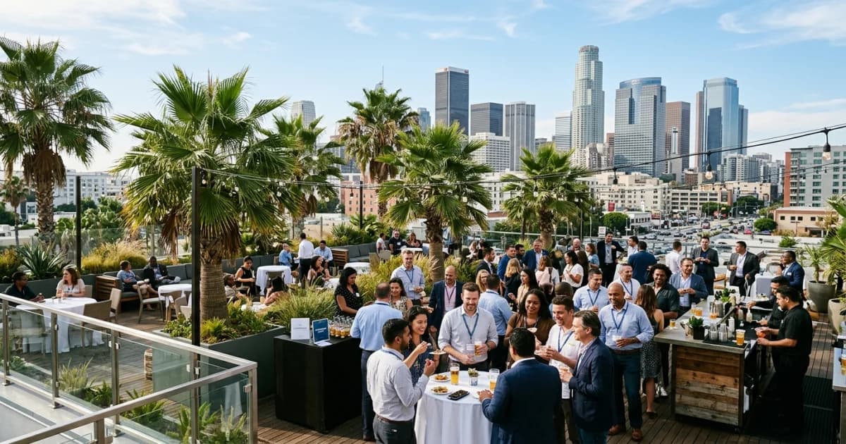 Professional corporate event attendees networking at modern Los Angeles venue with city skyline views
