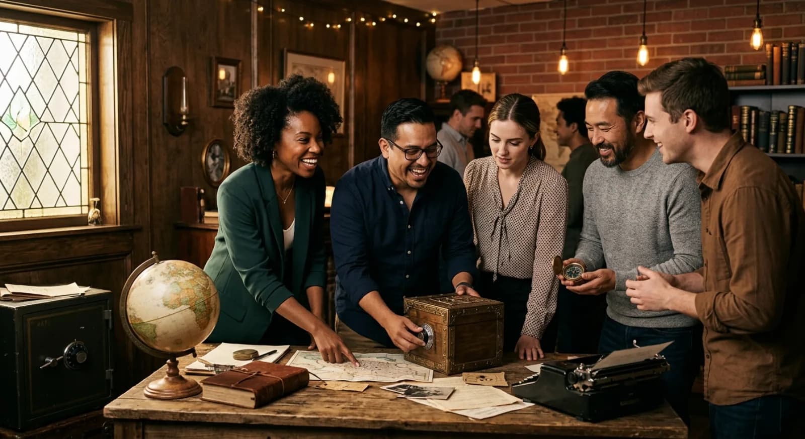 Team solving escape room puzzle together in Los Angeles with focus on teamwork and problem-solving
