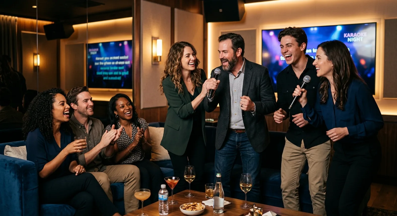Team singing karaoke together in private Los Angeles room with microphones and professional sound system