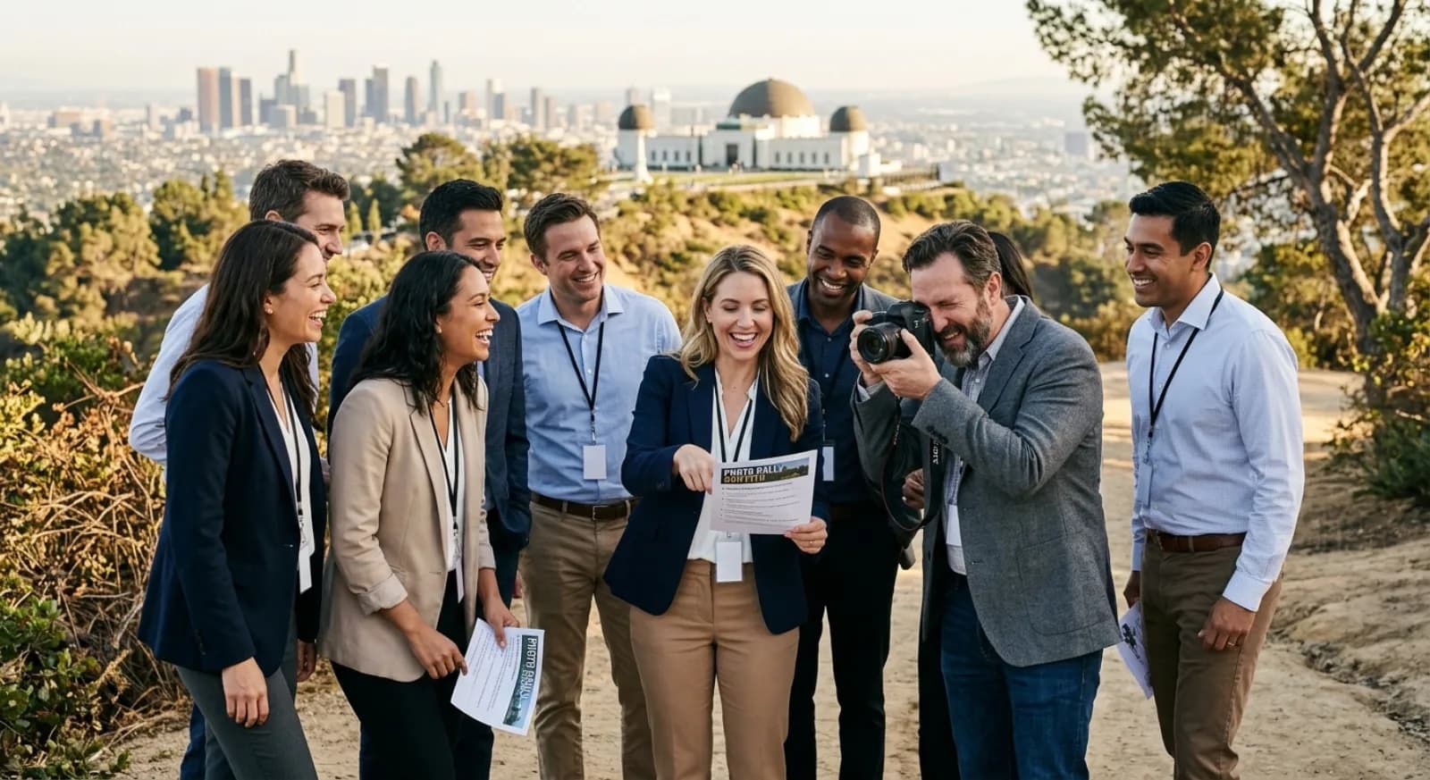 Corporate team taking selfie at Griffith Observatory during photo scavenger hunt in Los Angeles