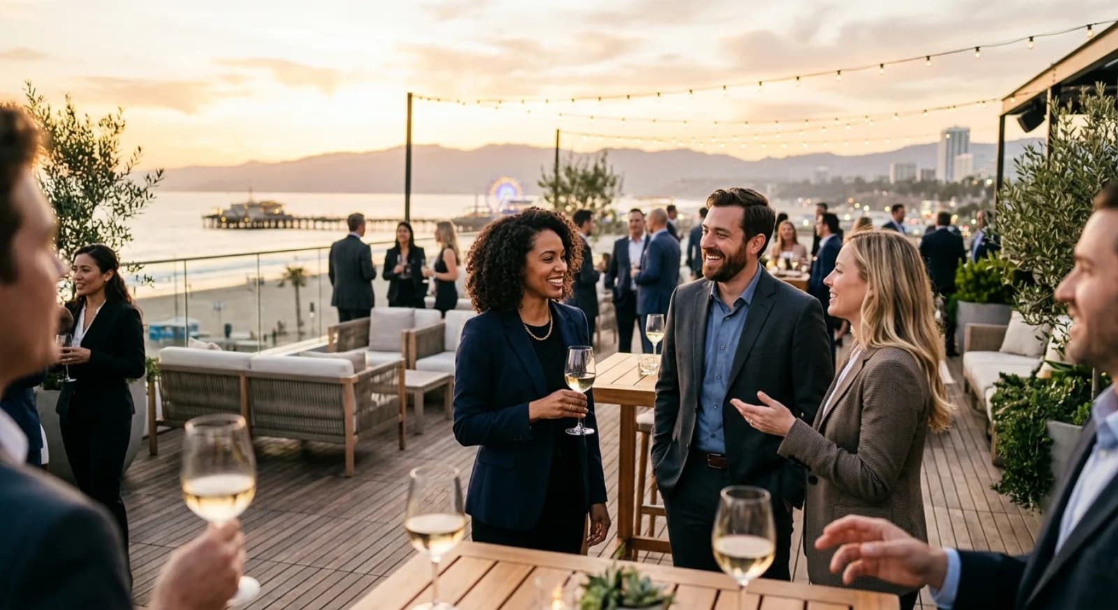 Scenic Santa Monica rooftop venue with ocean views and sunset celebration backdrop