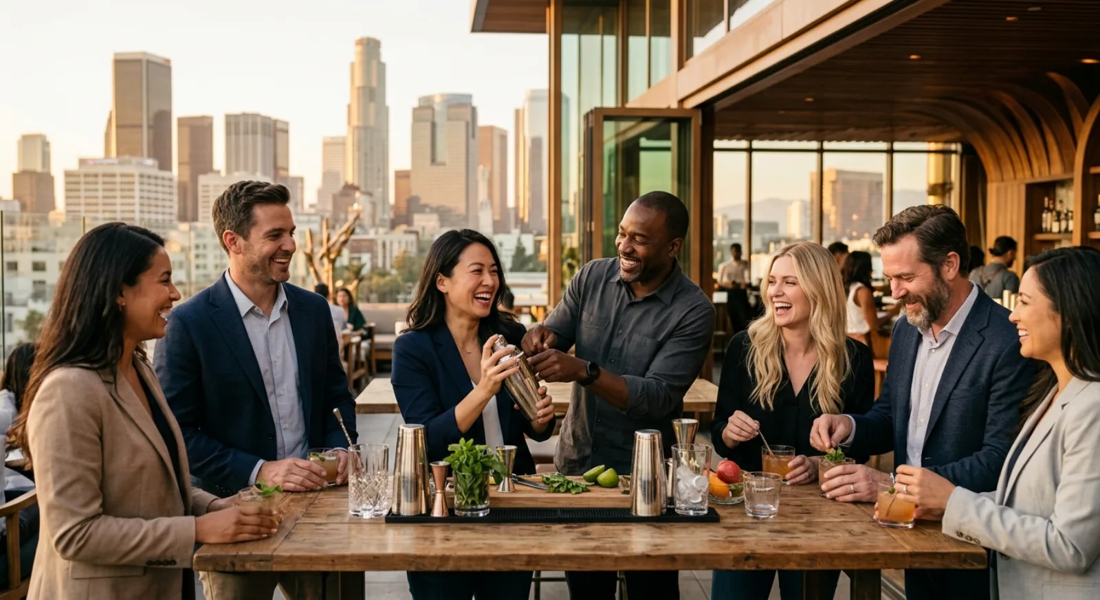 Corporate team engaged in team building workshop activity in Los Angeles